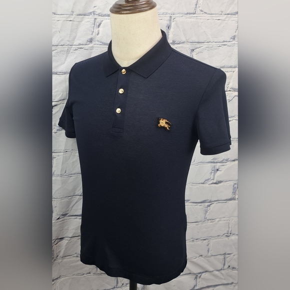Burberry Men's Polo Shirt Navy Fine Mesh Gold Metal Equestrian Knight XS - Picture 4 of 16